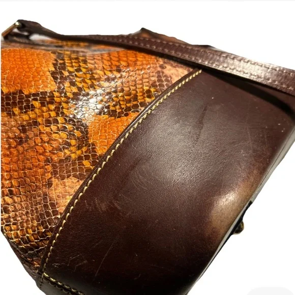Dooney & Bourke Leather & Python Snakeskin Style Brown & Orange Shoulder Bag - Picture 6 of 16